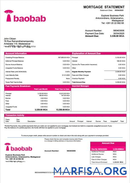 Blank Madagascar Baobab Banque Madagascar mortgage statement Word and PDF template